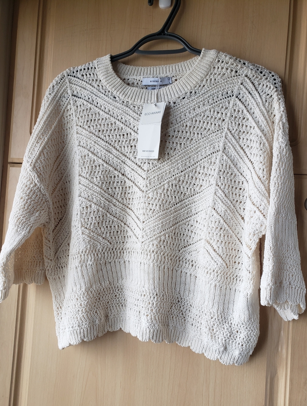 Reserved Cream Open-Work Knit Crewneck Sweater